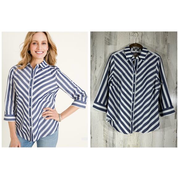 Chicos No Iron Stain Shield Shirt Size 0 Small Blue White Stripe 3/4 Sleeve - Picture 1 of 9